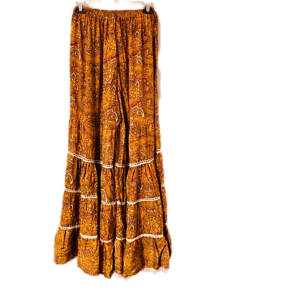 KARMA Hwy Bell Bottom Ruffle Hem Pant Tan/ Orange NWT OS - Picture 3 of 6